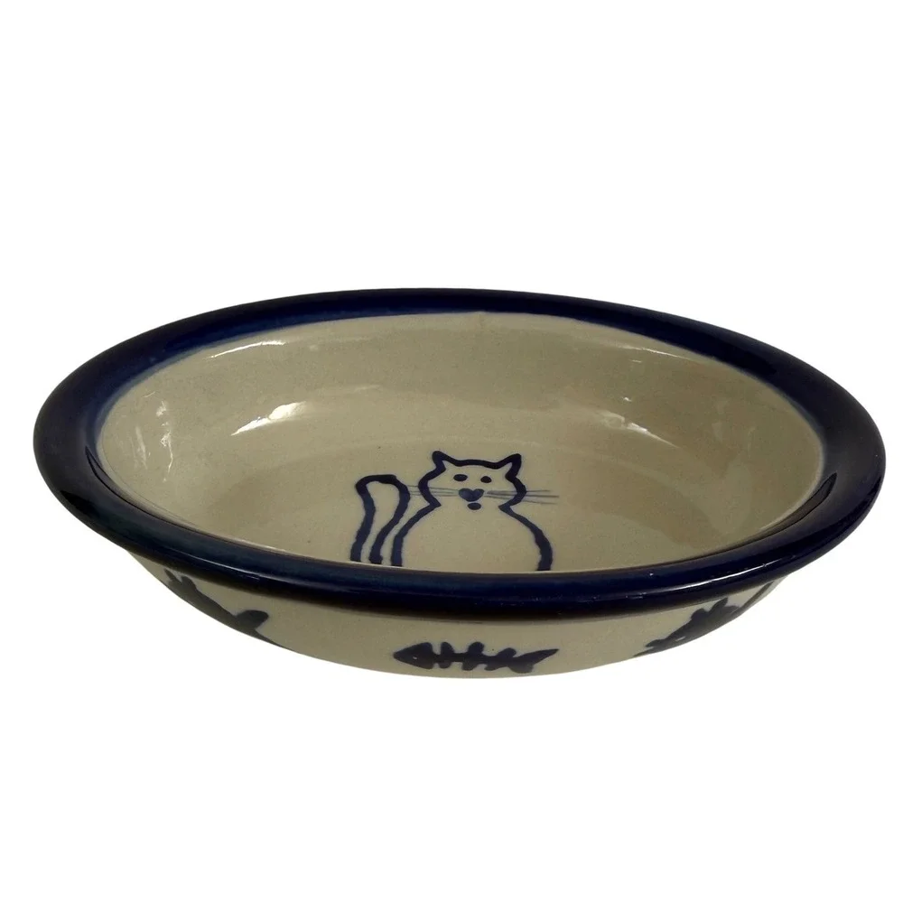 Boots &‎ Barkley Hand Painted Stoneware Cat Food Bowl Blue Fish Oval 6.5